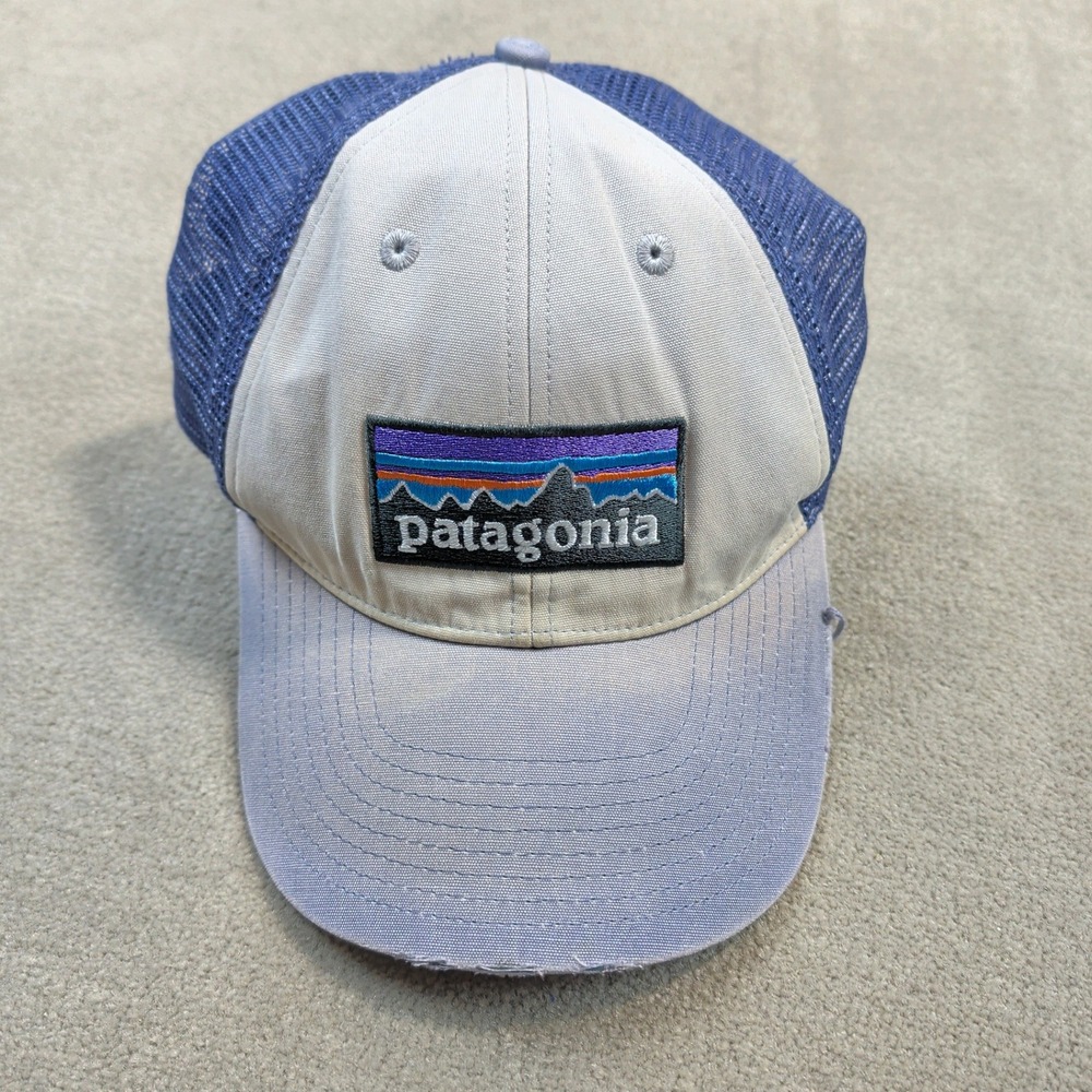 Patagonia Trucker Hat Mens Blue Grey P-6 Logo Snapback Distressed Faded NetPlus
